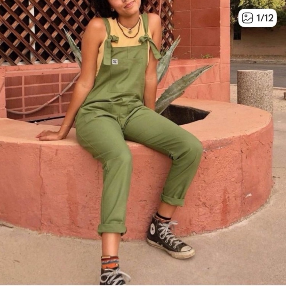 Lucy & Yak Olive Green Tie-Shoulder Cotton Overalls Jumpsuit